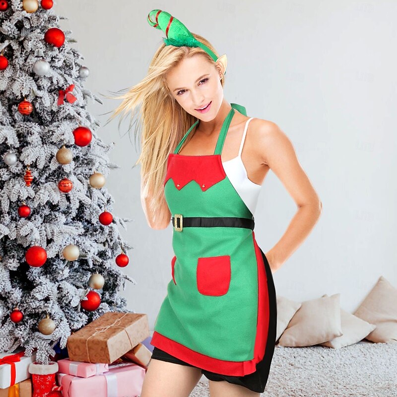 Elf Outfits Apron Christmas Costume Women's Cosplay Costume Adults Christmas New Year Christmas Eve Christmas Party 1 Pair of Earrings Headpiece Apron Shoes3