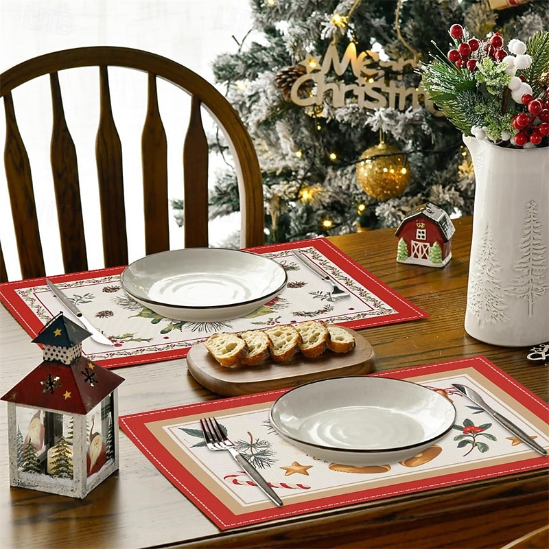 4pcs Christmas Linen Placemats, Christmas Tree and Bell Print with Red Striped Checkered Design, Insulated Table Mats for Holiday Party Décor4