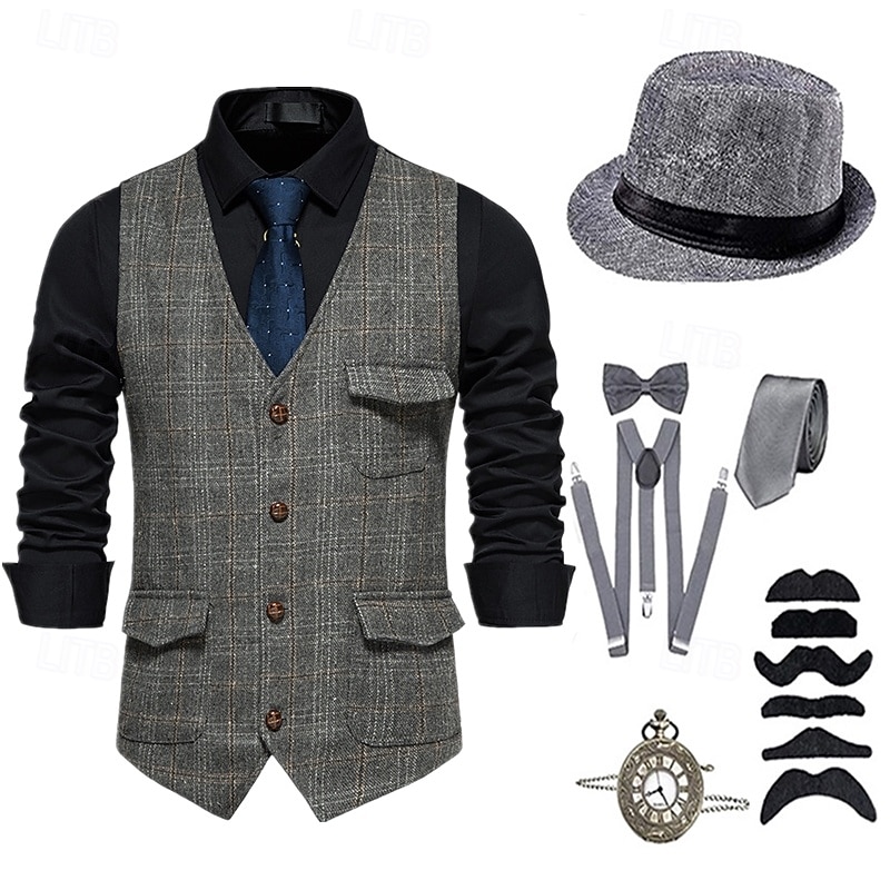 Retro Vintage Roaring 20s 1920s Outfits Waistcoat Accesories Set Gentleman Fancy Dress Men's Halloween Carnival New Year Party / Evening Masquerade New Year Eve Adults' Cravat Vest More Accessories4