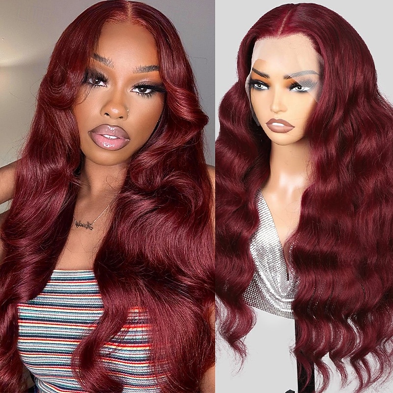 Remy Human Hair 99J# Burgundy 13*4*1 T Lace Wig body Human Hair 150% Density 14-30 Inches