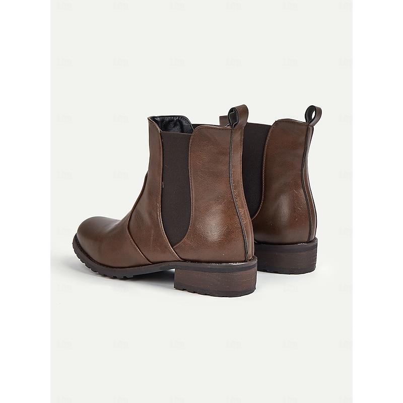 Women's Vintage Brown Faux Leather Chelsea Ankle Boots with Elastic Side Panels – Casual Slip-On Style for Fall and Winter Outfits4