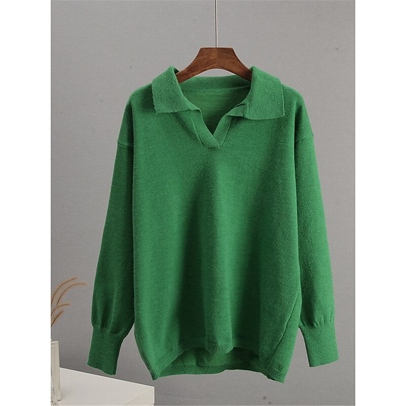 Women's Sweater Pullover Sweater Jumper Casual Soft Pure Color Ribbed Shirt Collar Knitted Long Sleeve Regular Tops Knit Outdoor Daily Weekend White Green Fall Winter 9