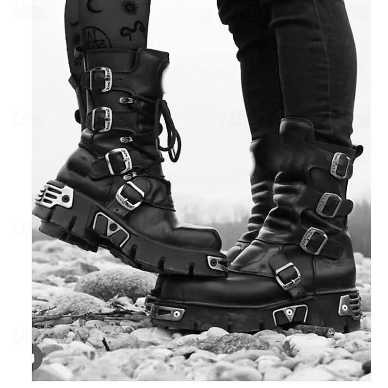 Men's Black Gothic Steampunk Combat Boots with Skull Buckle Accents - Premium Cowhide Leather for Cosplay and Biker Style2