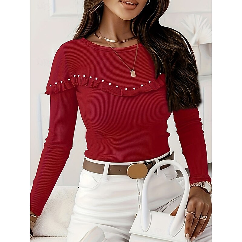 Women's Shirt Blouse Solid Color Basic Casual Long Sleeve Crew Neck Regular Tops Daily Ruffle Patchwork Beaded Black Wine Fall Winter