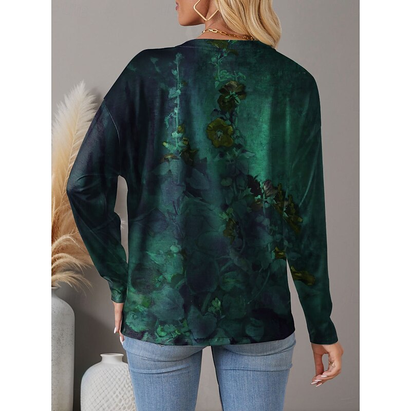 Women's T Shirt Floral Fashion Long Sleeve Round Neck Regular Tops Holiday Weekend Print Blue Purple Green Spring &  Fall2