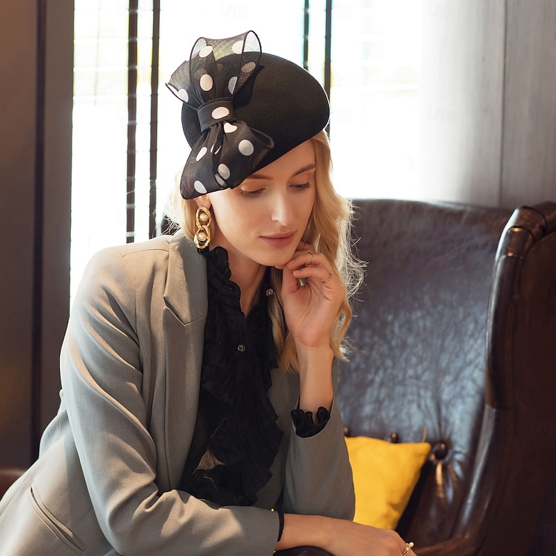 Hats Wool Beret Hat Bowler / Cloche Hat Wedding Tea Party Elegant Wedding With Bowknot Polka Dot Headpiece Headwear4