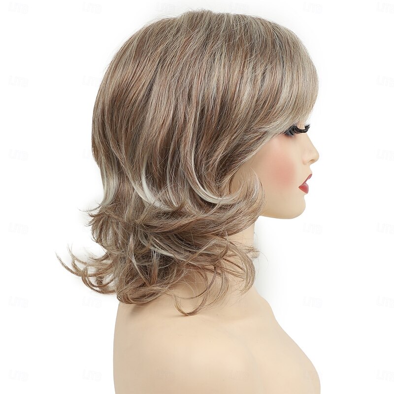 Short Brown  Wigs 14 Inch Wavy Curly Wig Shoulder Length Middle Part Wigs Natural Looking Synthetic Blonde Hair Wigs for Women Daily Party Use2