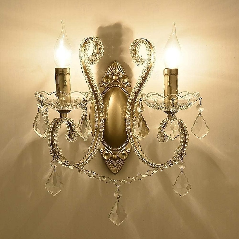 Retro Country Candle Wall Sconce Metal Crystal Wall Light Fixtures Indoor Candle Wall Light 110-240V4