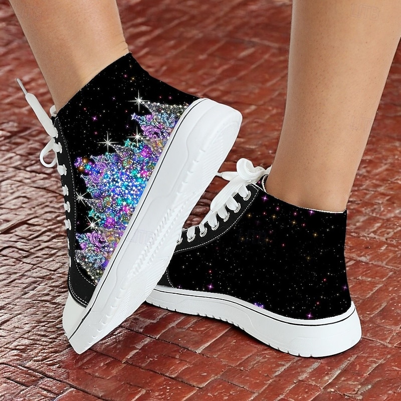 Women's Christmas Tree Print High-Top Sneakers - Festive Lace-Up, Lightweight Casual Shoes for Holiday Style2