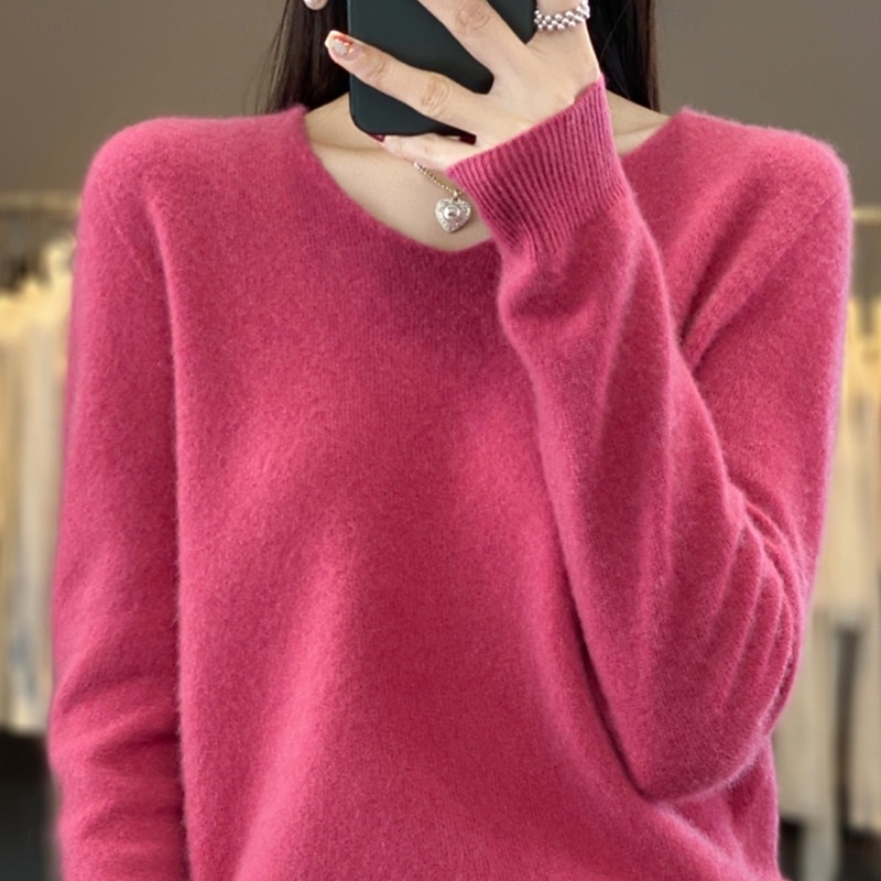 Women's Sweater Pullover Sweater Fuzzy Jumper V Neck Ribbed Knit Knitted Fall Winter Outdoor Daily Weekend Casual Soft Long Sleeve Pure Color Red Fuchsia3