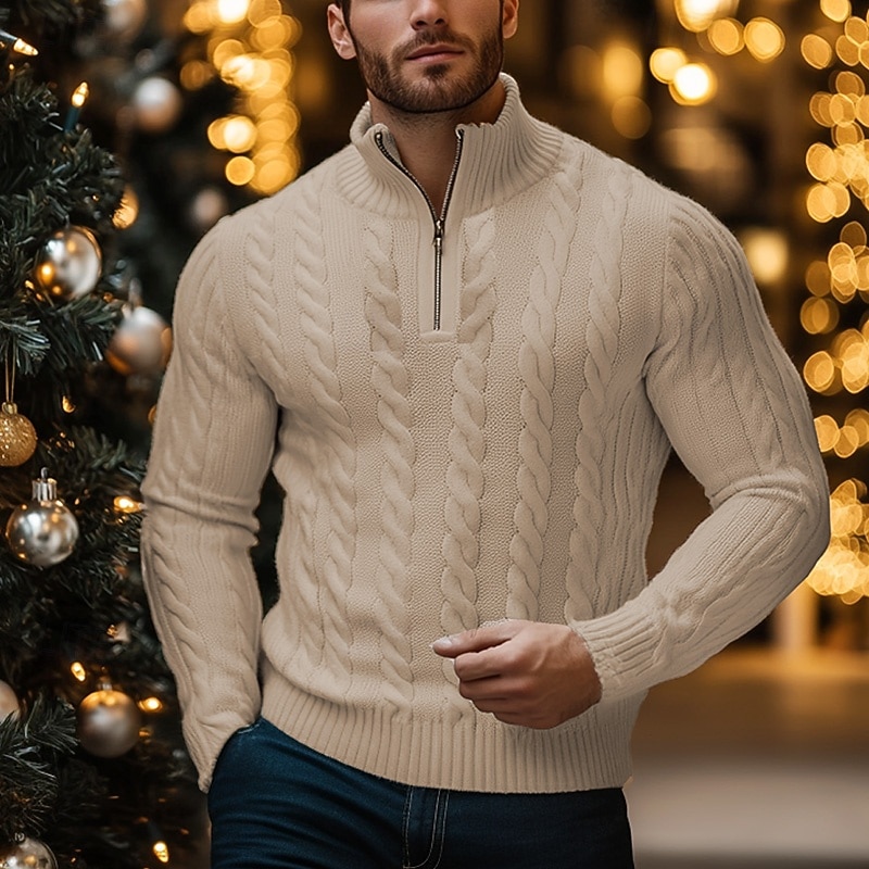 Men's Sweater Cable Knit Knit Cable Solid Color Standing Collar Elegant Vintage Formal Home Clothing Apparel Bishop Sleeve Fall Winter Black Green S M L