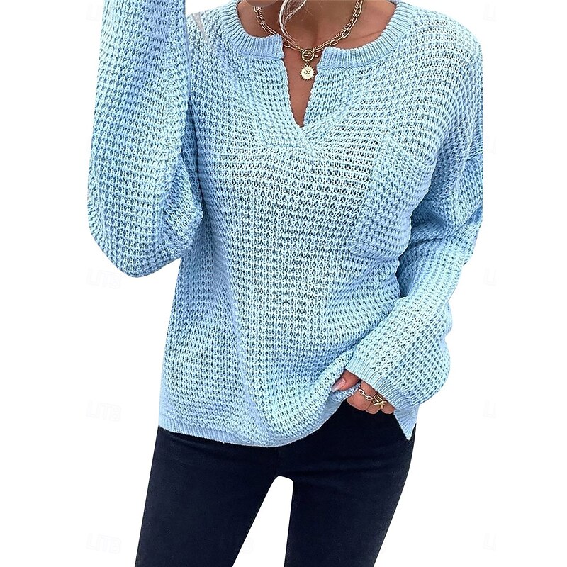 Women's Sweater Pullover Sweater Jumper Casual Soft Pure Color Ribbed V Neck Knitted Long Sleeve Regular Tops Knit Outdoor Daily Weekend Blue Beige Fall Winter