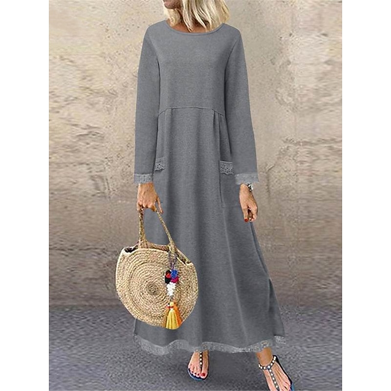 Women's Lace Dress Maxi Dress Lace Patchwork Casual Crew Neck Long Sleeve Black Green Gray Color3