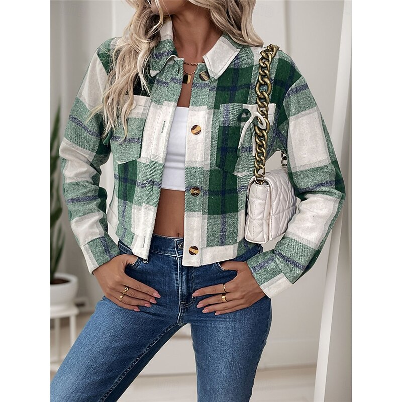 Women's Casual Jacket Outdoor Street Daily Wear Fall Winter Short Coat Regular Fit Thermal Warm Breathable Stylish Casual Jacket Long Sleeve Stripes and Plaid with Pockets Print Green4