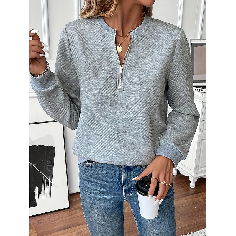 Women's Texture Sweatshirt Quarter Zip Sweater Casual Plain Street Dailywear Crew Neck Zipper Long Sleeve Black White Red Gray Fall Winter