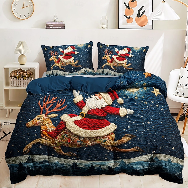 Santa Claus 100% Cotton Christmas Comforter Set Full 3-Piece Holiday Duvet Cover Set for Kids Soft & Cozy Xmas Bedspread with Pillowcases King Queen Size2