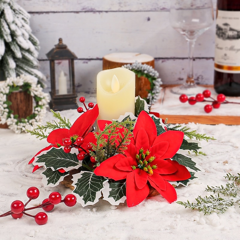 Mini Christmas Candle Ring Wreath, Festive Floral Centerpiece for Holiday Table Decoration, Atmosphere Enhancer for Christmas Dinner2