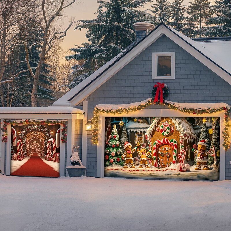 Christmas Door Decorations Garage Door Cover Xmas Candy Canes Gifts Gingerbread Outdoor Banner Large Christmas Backdrop for Holiday Outdoor Garage Door Home Wall Decorations 24