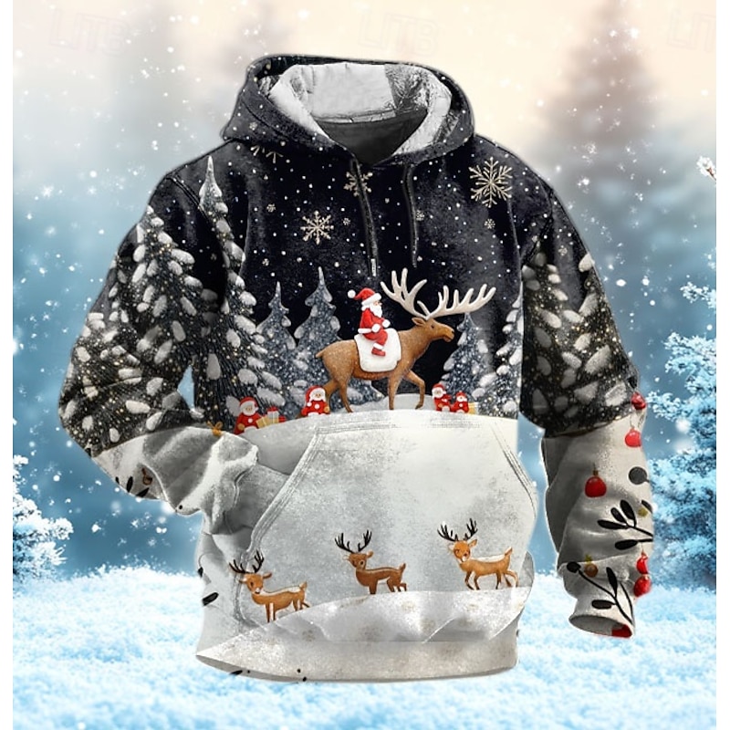 Christmas Men's Christmas animal 3D Hoodies Santa Claus Fashion 3D Print Holiday Streetwear Hoodies Black Hooded Print Front Pocket Spring &  Fall Designer shirt