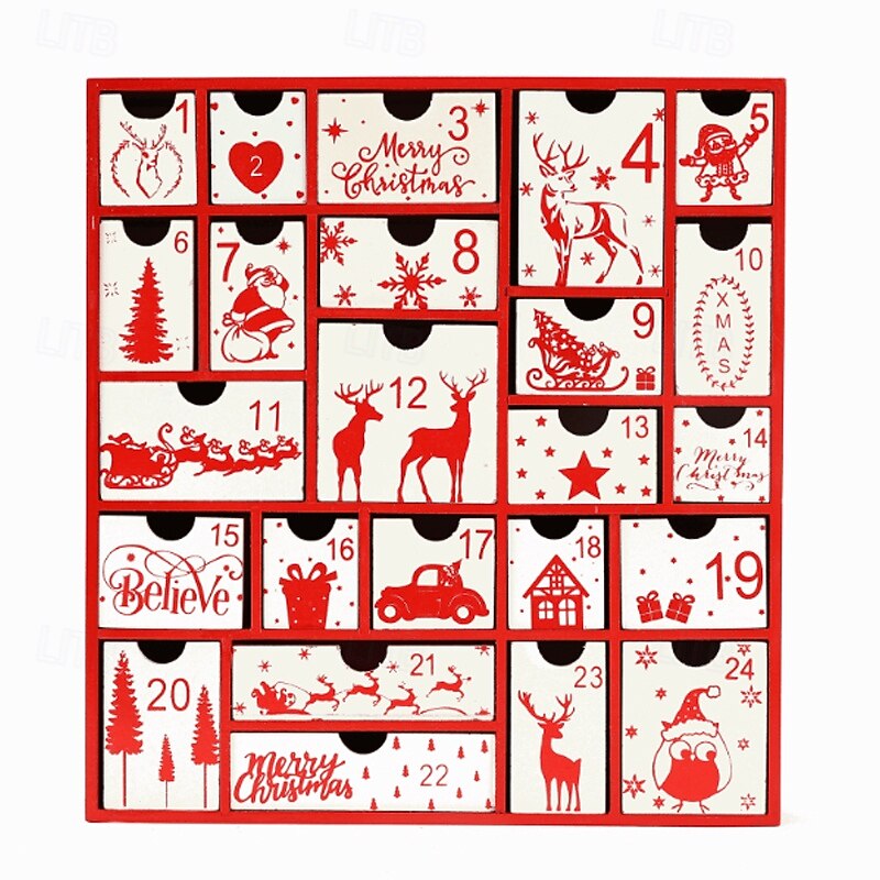 Christmas Advent Calendar with 24 Drawers - Wooden Table Decor Count Down to Christmas Gift, Tree, Reindeer, Snowflake Decorations - Festive Holiday Countdown3