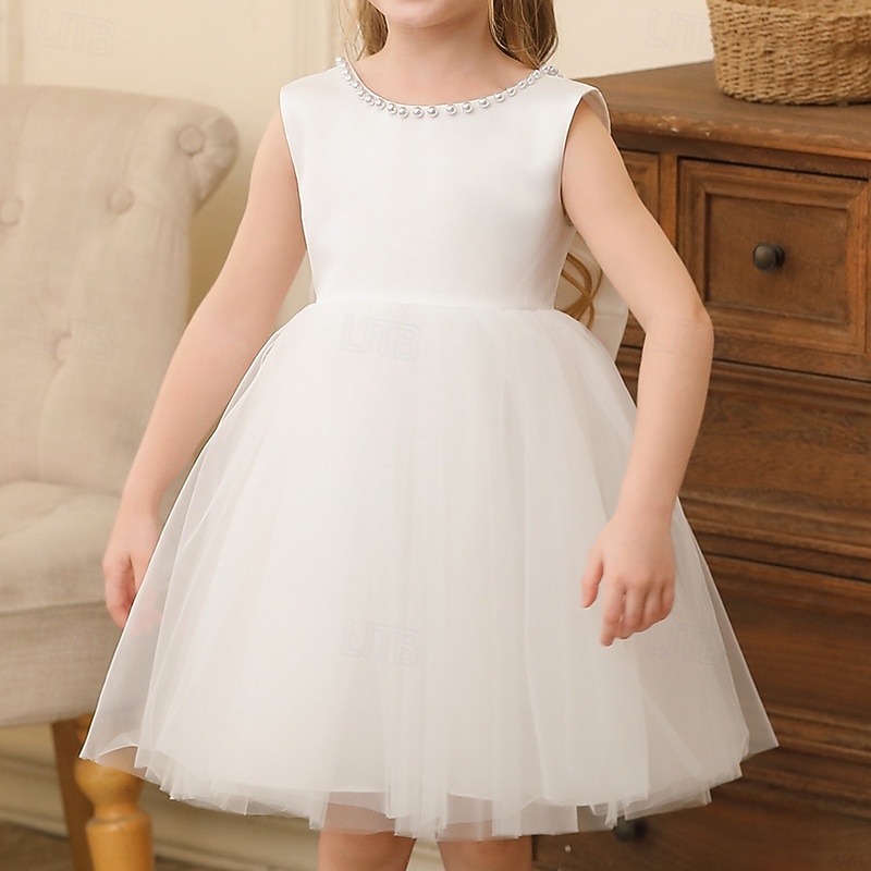 Kids Girls' Party Dress Solid Color Sleeveless Wedding Special Occasion Backless Zipper Tie Knot Adorable Sweet Polyester Knee-length Party Dress Summer Spring Fall 3-13 Years White Champagne Pink