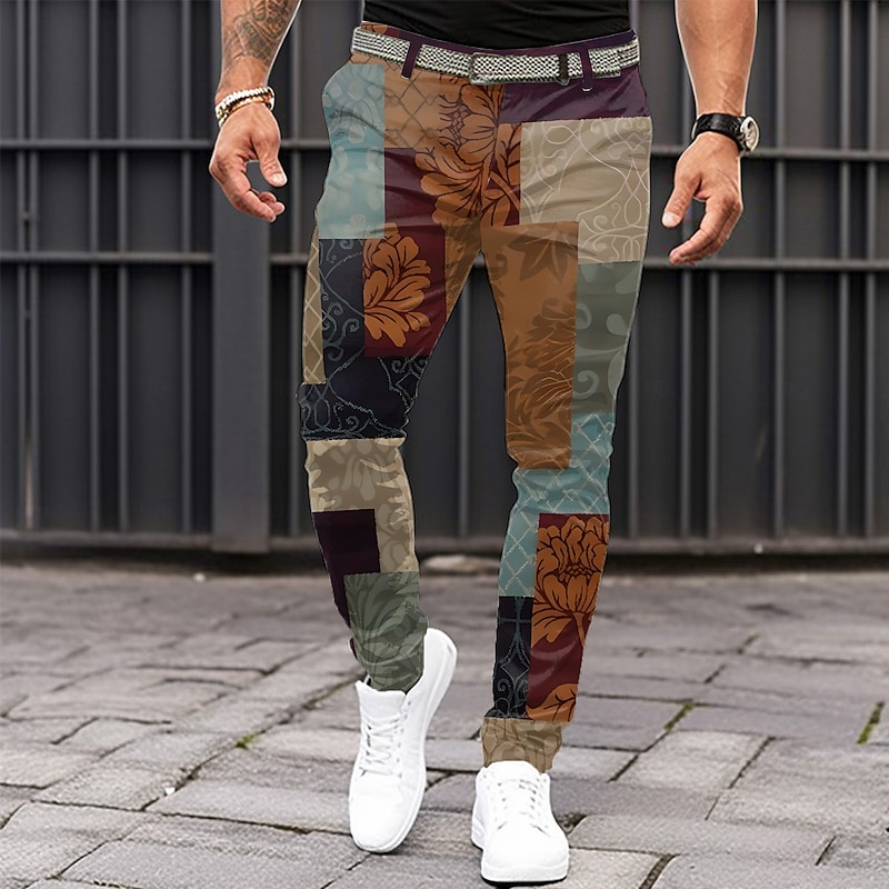 Men's Color Block Patchwork Dress Pants Mid Waist Business Casual Formal Dailywear Zipper Pocket Summer Spring Fall 3D Print Brown
