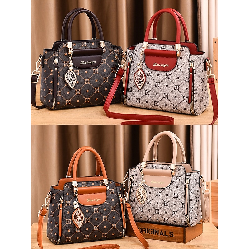 Elegant Women's Faux Leather Handbag with Red Accents and Gold Leaf Charm – Designer-Inspired Shoulder Bag with Adjustable Strap2