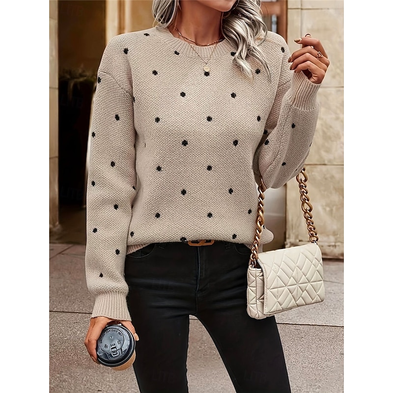 Women's Sweater Pullover Sweater Jumper Casual Soft Polka Dot Ribbed Crew Neck Knitted Long Sleeve Regular Tops Knit Outdoor Daily Weekend Camel Fall Winter3
