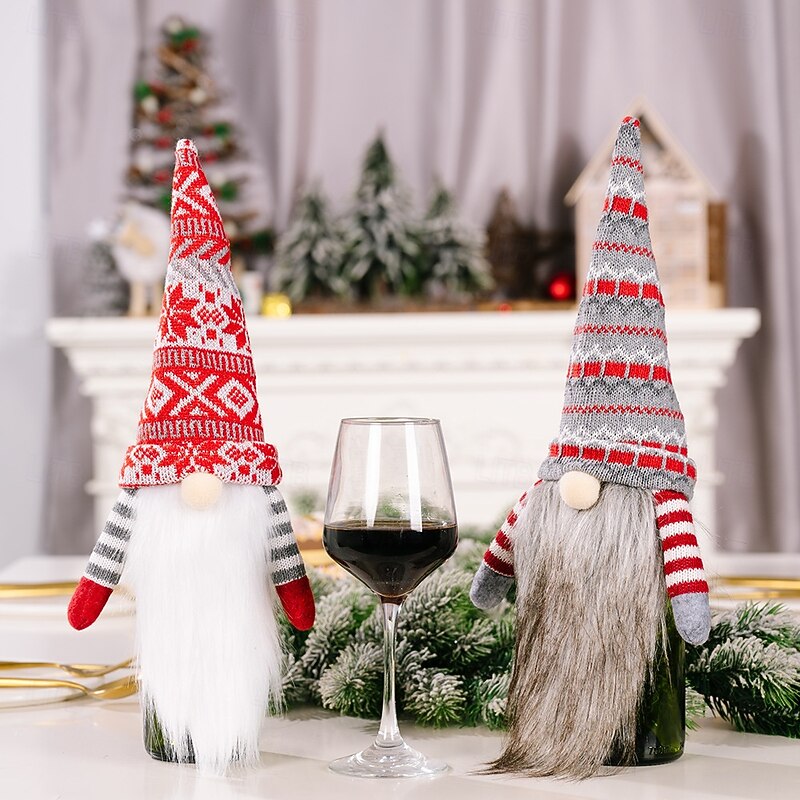 Christmas Gnome Wine Bottle Covers, Nordic Knitted Faceless Santa with Long Beard, Festive Wine Bottle Hat for Home Holiday Decor2