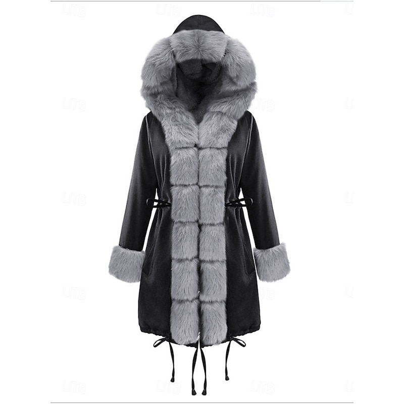 Women's Faux Fur Coat Warm Breathable Pocket Fur Collar Faux Fur Trim Fleece Lined Casual Plain Vacation Street Daily Wear Going out Open Front Long Hoodie Regular Fit Long Sleeve Outerwear Black