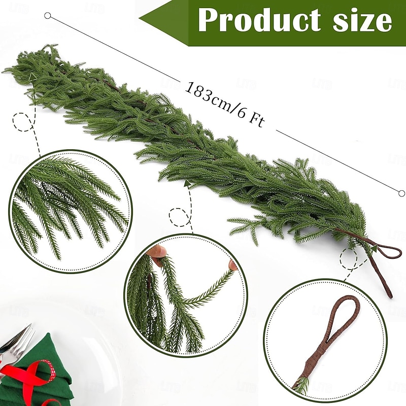 Christmas Garland Artificial Norfolk Pine Garlands, Real Touch Winter Pine Garland, Green Artificial Greenery Garland for Table, Mantle, Wall, Indoor, Outdoor Christmas Decorations2