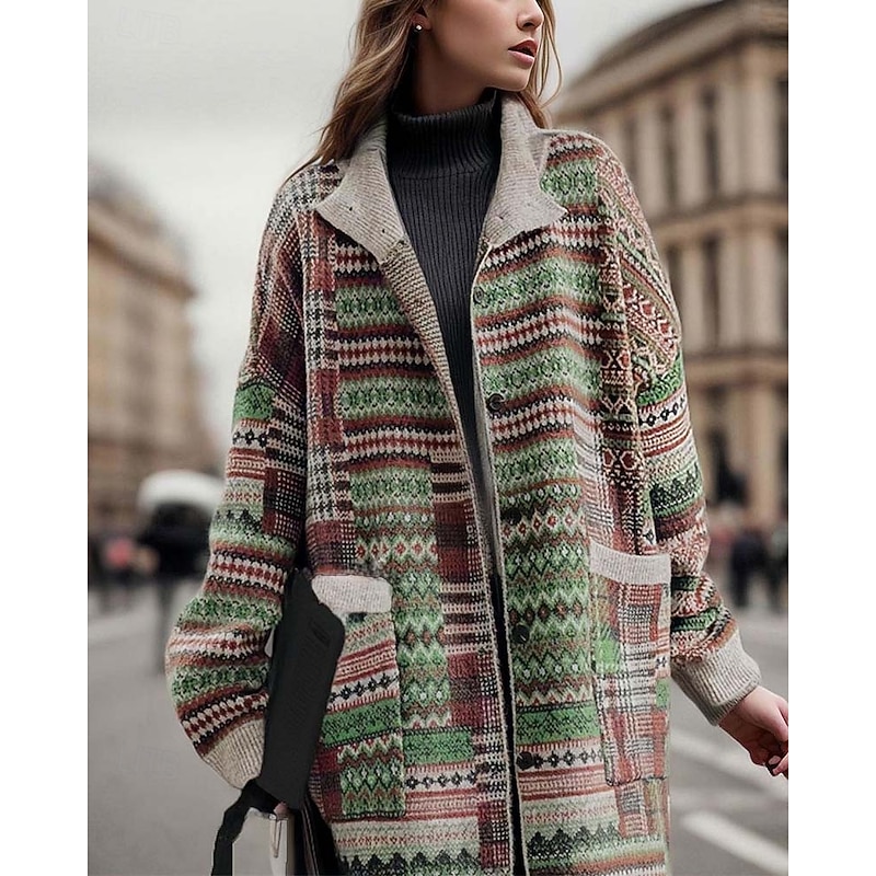 Women's Long Cardigan Collared Knit Pocket Fall Winter Outdoor Cool Stylish Vintage Style Long Sleeve Geometric Striped Green4