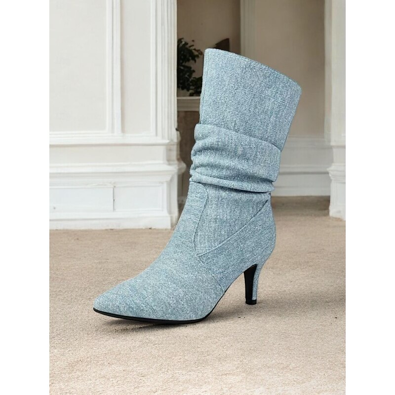 Women's Beige Slouch Mid-Calf Boots with Pointed Toe and Kitten Heel – Chic Fall Fashion for Casual and Dressy Occasions