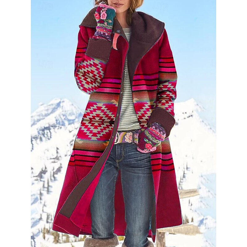 Women's Coat Warm Comfortable Pocket Casual Geometric Daily Wear Single Breasted Turndown Loose Fit Long Sleeve Outerwear Black Red Green Fall Winter2