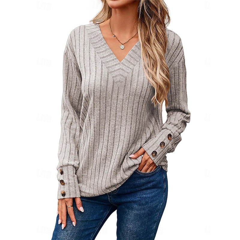Women's T Shirt Plain Fashion Modern Casual Long Sleeve V Neck Regular Tops Daily Weekend Beige Fall Winter2