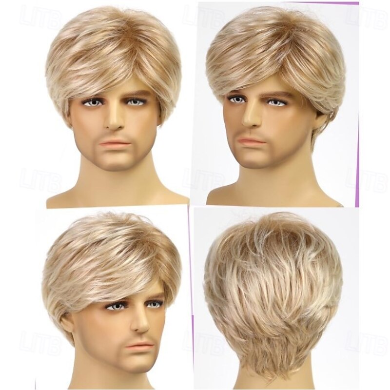 Mens Short Wig Curly With Bangs Wig Short Brown Grey Blonde Synthetic Hair Women's Blonde Brown Gray4