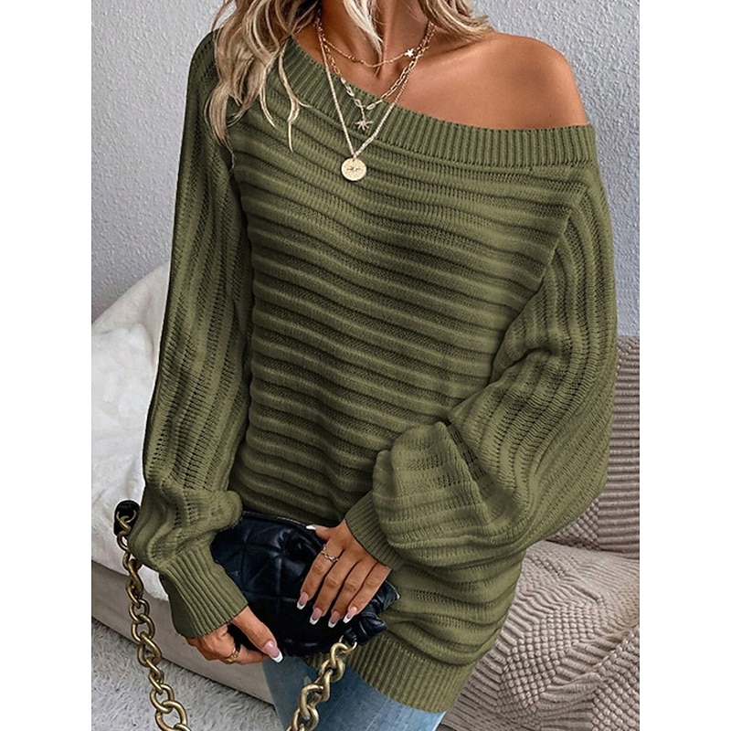 Women's Sweater Pullover Sweater Jumper Casual Soft Pure Color Ribbed Off Shoulder Knitted Long Sleeve Regular Tops Knit Outdoor Daily Weekend Black White Fall4