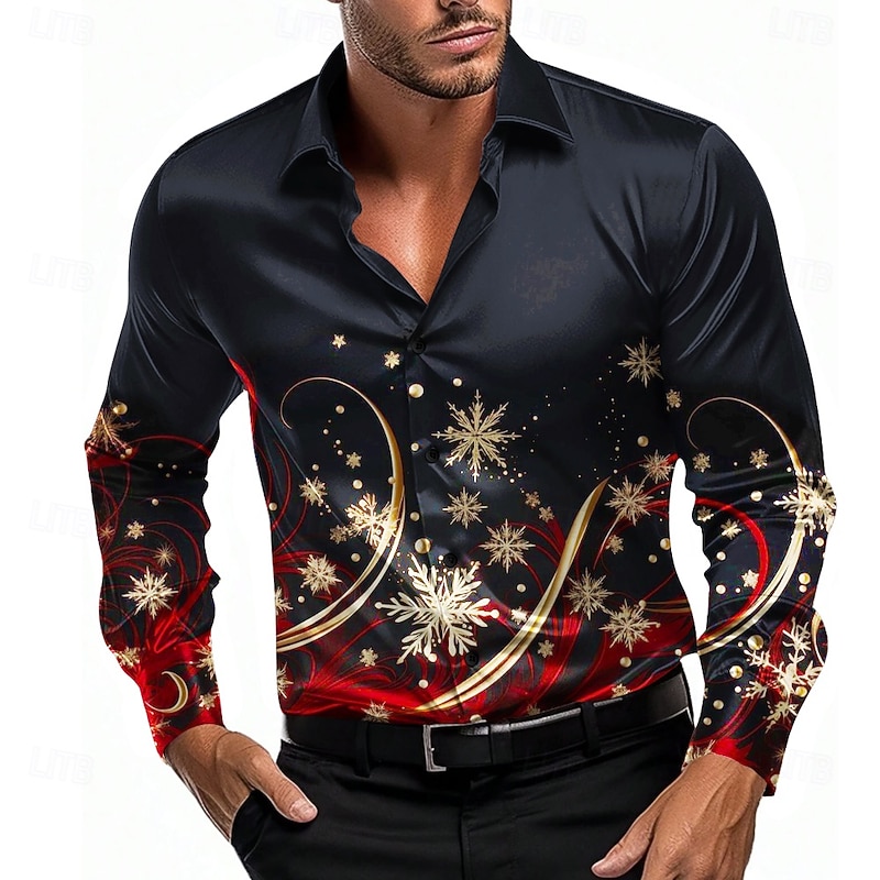 Christmas Men's Snowflake Shirt Dress Shirt Button Up Shirt Long Sleeve Casual Fashion Casual Vacation Party Evening Wear Dailywear Summer Spring Fall Collared Shirts 3D Print Black