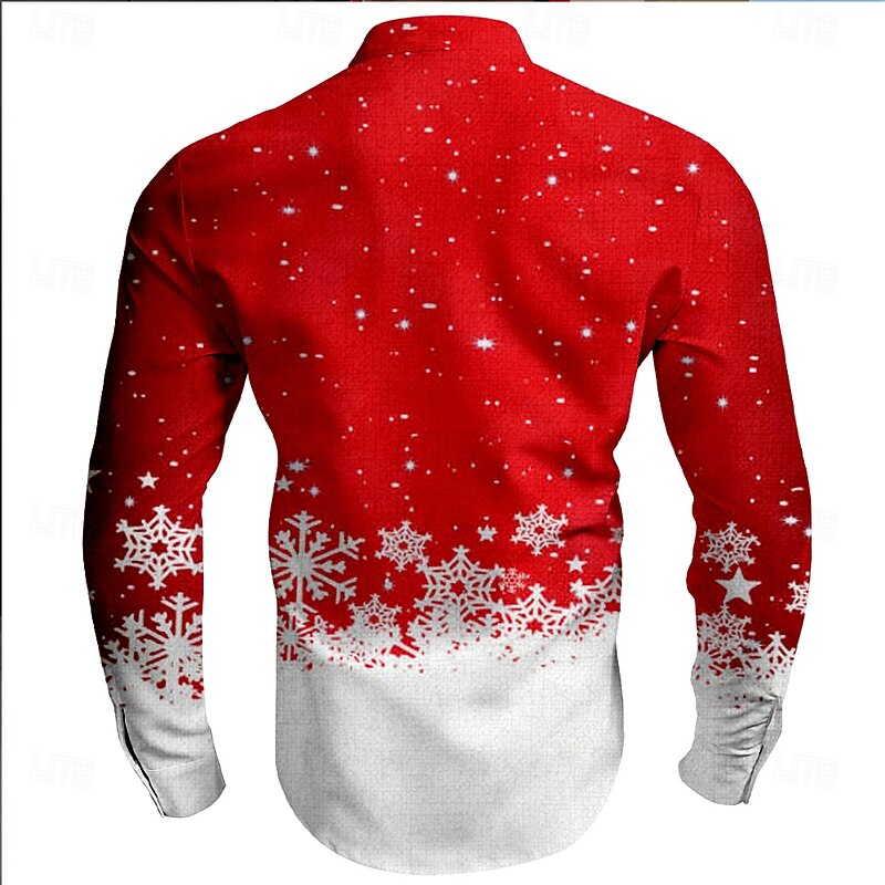 Christmas Men's Snowflake Christmas Scene Shirt Dress Shirt Button Up Shirt Long Sleeve Casual Vacation Party Evening Wear Daily Summer Spring &  Fall Grandad Collar Band Collar 3D Print Red Blue2