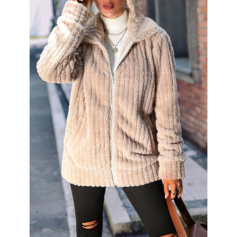 Women's Fleece Jacket Teddy Coat Warm Breathable Zipper Pocket Fleece Lined Casual Plain Vacation Street Daily Wear Going out Zipper Regular Turndown Regular Fit Long Sleeve Outerwear Coffee Fall