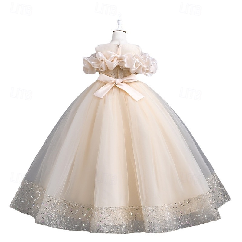 Kids Girls' Flower Girl Dress Party Dress Solid Color Sequin Sleeveless Performance Wedding Party Mesh Backless Patchwork Elegant Sweet Polyester Maxi Party Dress Swing Dress Tulle Dress Spring Fall2