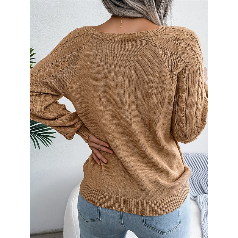 Women's Sweater Pullover Sweater Jumper Casual Soft Pure Color Ribbed Square Neck Buttons Knitted Long Sleeve Regular Tops Knit Outdoor Daily Weekend White Khaki Fall Winter2