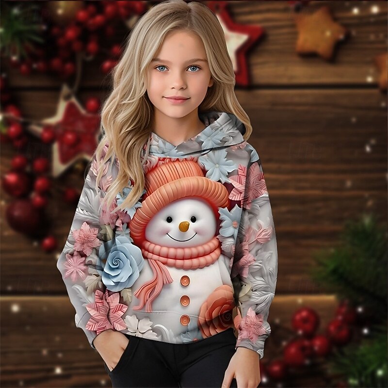 Girls' 3D Graphic Snowman Hoodie Long Sleeve Fall Winter Fashion Adorable Basic Kids 4-12 Years Hooded Outdoor Casual Daily Regular Fit