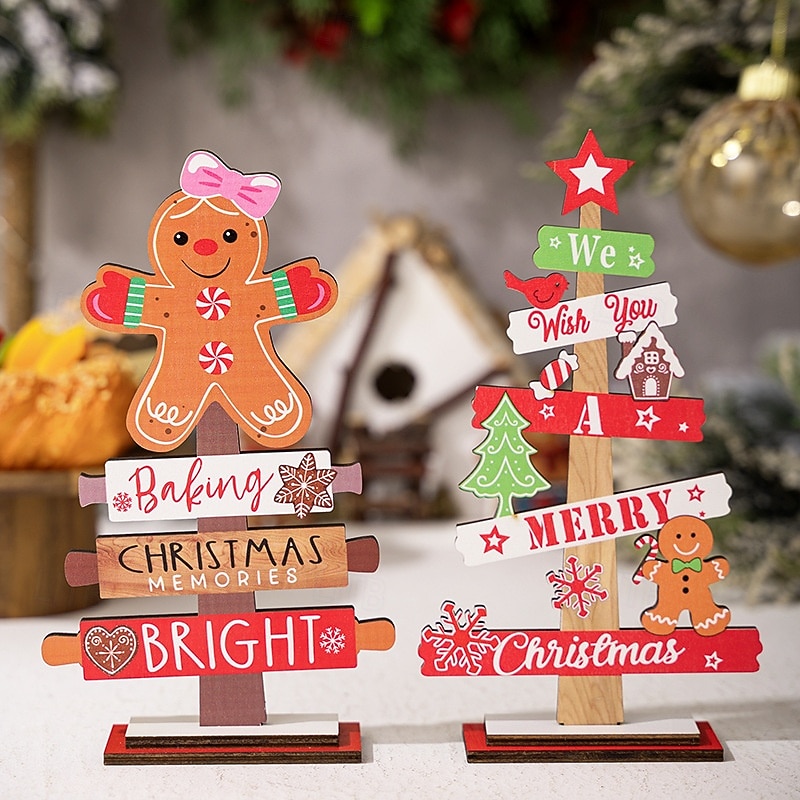 Christmas Wooden Tabletop Decor, Gingerbread Man & Christmas Tree Letter Wood Ornament for Holiday Home Decoration, Festive Table Centerpiece