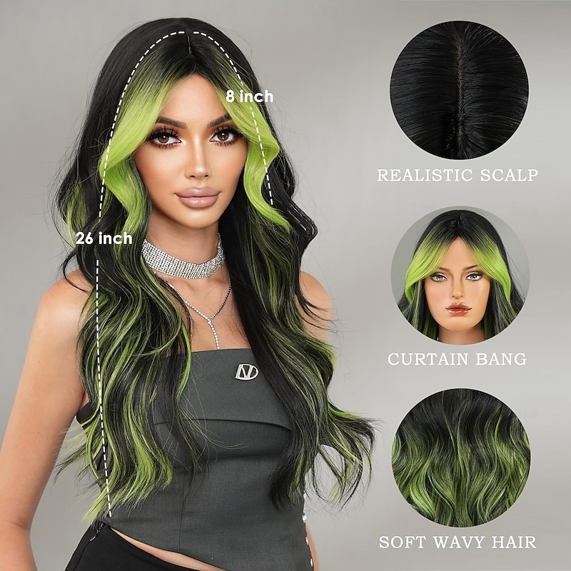 Long Wavy Wig with Curtain Bang Wig Synthetic Heat Resistant for Women Daily Party Used Christmas Party Wigs St.Patrick's Day Wigs2