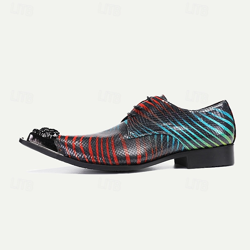 Men's Multicolor Snakeskin Leather Dress Shoes – Pointed Toe Lace-Up Shoes with Metal Tip for Formal and Fashion-Forward Occasions4