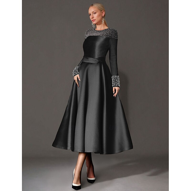 A-Line Cocktail Dresses Elegant Dress Formal Tea Length Long Sleeve Jewel Neck Satin with Pearls Dresses4