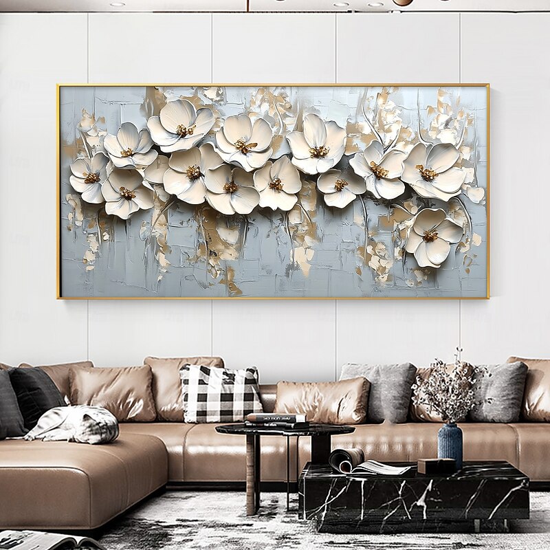 Handmade Original 3D Texture Flowers Oil Painting On Canvas Abstract White Floral Wall Art for Home Decor With Stretched FrameWithout Inner Frame Painting