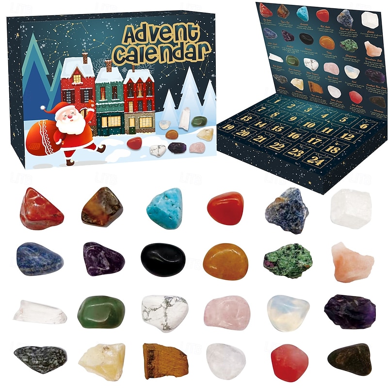 Christmas Gemstone Advent Calendar, 24 Natural Crystal Gemstones Stone Countdown Calendar Crystals and Healing Stones Natural Gemstones Collection Rocks