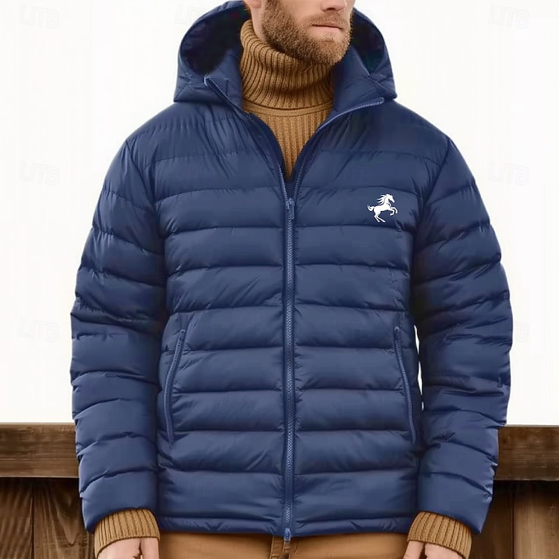Men's Graphic Animal Horse Down Jacket Puffer Jacket Waterproof Rain Waterproof Lightweight Casual Daily Holiday Going out Print Fall Winter Hooded Long Sleeve Navy Blue